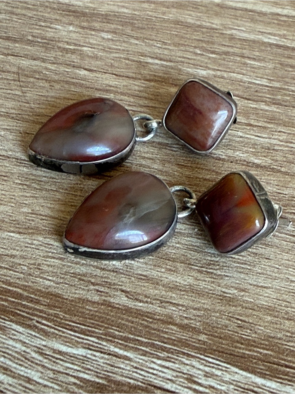 Sterling Silver Petrified Wood Gemstone Drop Earrings Artisan Boho